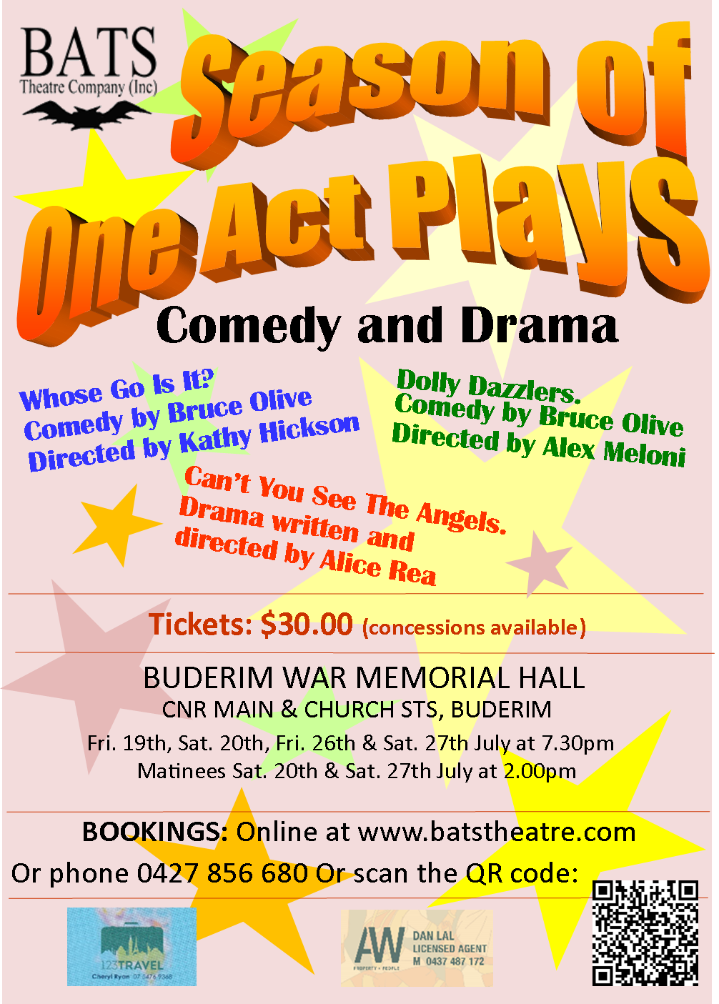 One-Act-Plays-2024-poster Whose Go Is It? - Comedy by Bruce Olive. Directed by Kathy Hickson Tag along with Ed, a grisly old vagrant, as he discovers that a basic card game at a refuge for senior ladies turns out to be far more than meets the eye in this uproarious comedy by Bruce Olive, directed by Kathy Hickson. Can’t You See the Angels? A poignant drama focusing on sorrow and psychological well-being. This remarkable piece has been written and directed by Alice Rea. Dolly Dazzlers – Comedy by Bruce Olive. Dolly Dazzlers is the ultimate destination for timeless pre-loved fashion and memorable mishaps. Let go of your self-restrictions and unwanted gifts all in one hit! Directed by Alex Meloni.